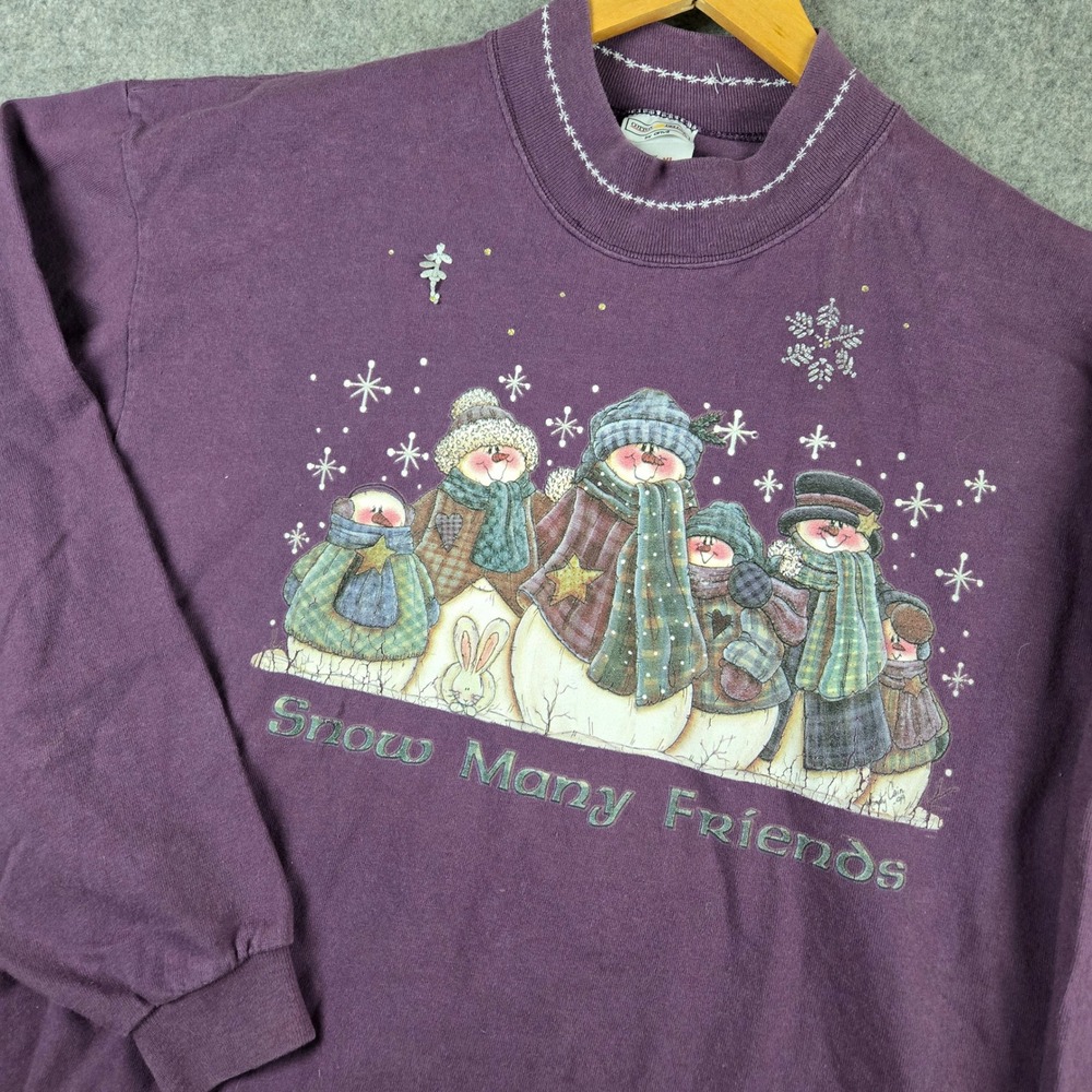 Vtg 90s Snowman Graphic Shirt Womens XL Purple Snow Many Friends Long Sleeve Tee